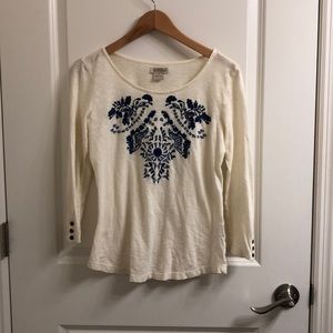 Lucky Brand Cream Top with Blue Embroidery